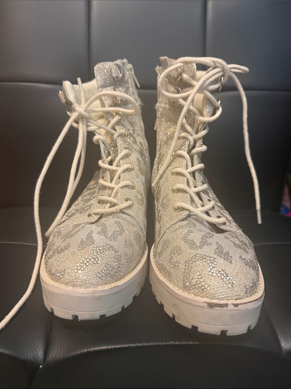 Gianni Bini Balynne Glitzy Leopard Sparkle combat boots sz 8.5